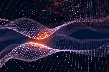 Aufkleber - Moving neon blue and orange wireframe pattern forming a digital network connection on dark background