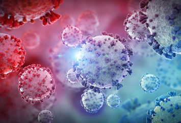 Poster - 3D rendering of the coronavirus on a microscopic level. Microscope close-up of the covid-19 disease. 2019-nCoV spreading in body cell
