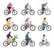 Group of people on bicycles. Male, female, kid persons riding different cycles. Vector flat style cartoon illustration.
