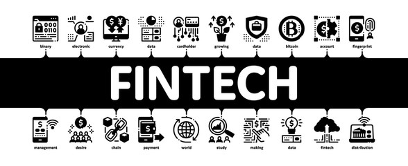 Aufkleber - Fintech Innovation Minimal Infographic Web Banner Vector. Bitcoin Financial Technology, Binary Code And Electronic Exchange, Wifi Smartphone Fintech Illustrations