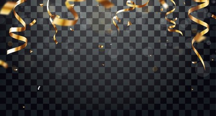 Gold confetti and ribbon, isolated on transparent background