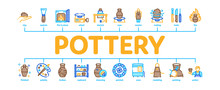 Pottery And Ceramics Minimal Infographic Web Banner Vector. Pottery Equipment And Kiln, Potter And Spatula, Vase And Plate, Paint And Roasting Illustrations