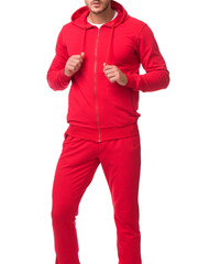 Wall Mural - Sport man in a red sports suit with a hood and white t shirt .