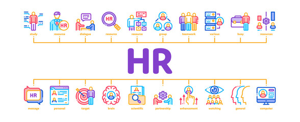 Poster - Hr Human Resources Minimal Infographic Web Banner Vector. Hr Management And Research, Strategy And Interview, Brainstorm And Disscusion Illustrations