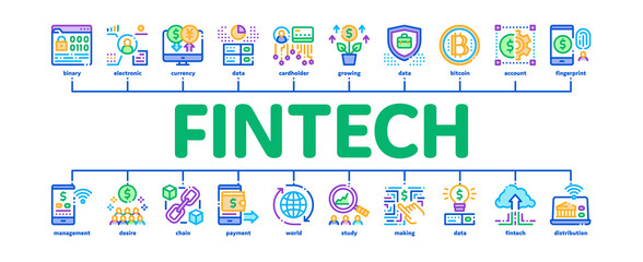 Aufkleber - Fintech Innovation Minimal Infographic Web Banner Vector. Bitcoin Financial Technology, Binary Code And Electronic Exchange, Wifi Smartphone Fintech Illustrations