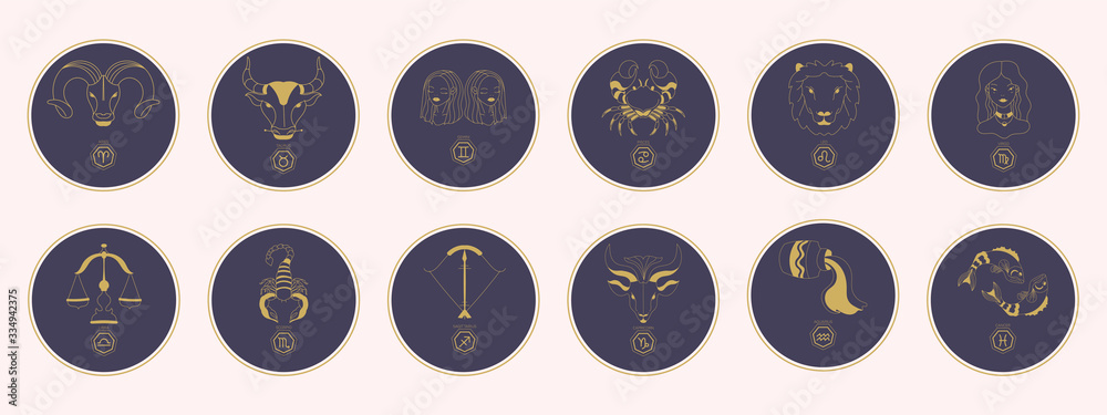 Golden zodiac signs in a purple circle. Trendy vector illustration. - obrazy, fototapety, plakaty 