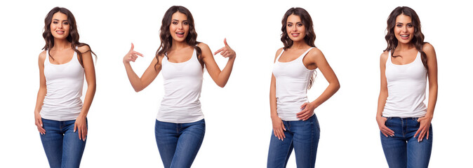 Wall Mural - Beautiful woman in a t-shirt of white color. T-shirt template. She laughs and has fun 