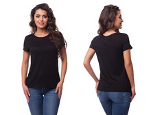 Mockup Of A Template Of A Black Woman's T-shirt On A White Background. Front View, Rear View. The Beautiful Girl The Brunette In A Black T-shirt