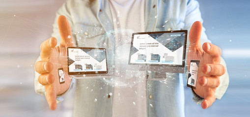 Poster - businessman holding a devices connected to a global business network 3d rendering