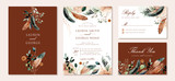 Fototapeta Boho - wedding invitation set with rustic feather and foliage watercolor