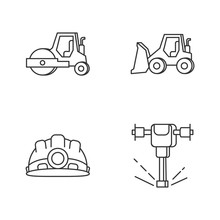 Road Works Pixel Perfect Linear Icons Set. Bulldozer For Construction Work. Roller For Paving. Customizable Thin Line Contour Symbols. Isolated Vector Outline Illustrations. Editable Stroke