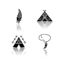 Native American Indian Accessories Drop Shadow Black Glyph Icons Set. Necklace With Tooth, Eagle Feather. Wigwam With Arrows And Ethnic Ornaments. Isolated Vector Illustrations On White Space