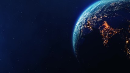 Wall Mural - Space view on Planet Earth and Sun Star rotating on axis in black Universe with day and Night city Lights. Seamless Loop Animation Solar Eclipse. Galaxy, Cosmos, Sea, Sunset, Globe, World.