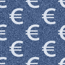 Vector Money Symbols. Denim Seamless Pattern. Jeans Background With Euro Sign. Blue Jeans Cloth Background.