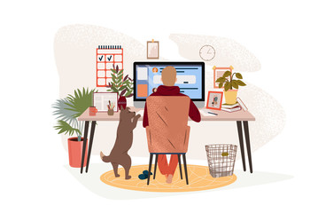 Fototapete - Young man freelancer sitting at desk and working on laptop or computer at home. People work at home in quarantine with pets. Online education or social media concept. Flat vector illustration.