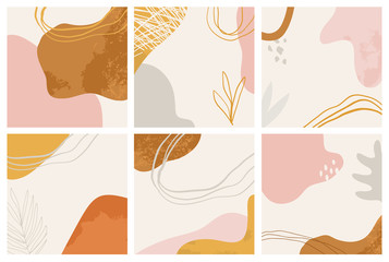 Set of abstract modern backgrounds. Hand drawn various shapes and doodle objects. Contemporary modern trendy vector illustrations. Posters, instagram posts, social media.