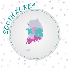 Wall Mural - South Korea map design. Map of the country with regions in emerald-amethyst color palette. Rounded travel to South Korea poster with country name and airplanes background.