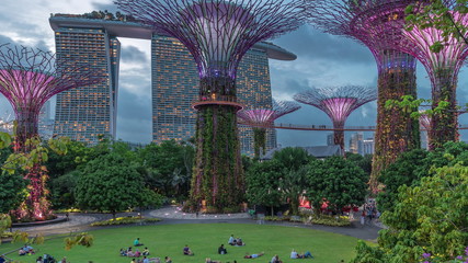 Wall Mural - Futuristic aerial view of amazing illumination at Garden by the Bay day to night timelapse in Singapore.