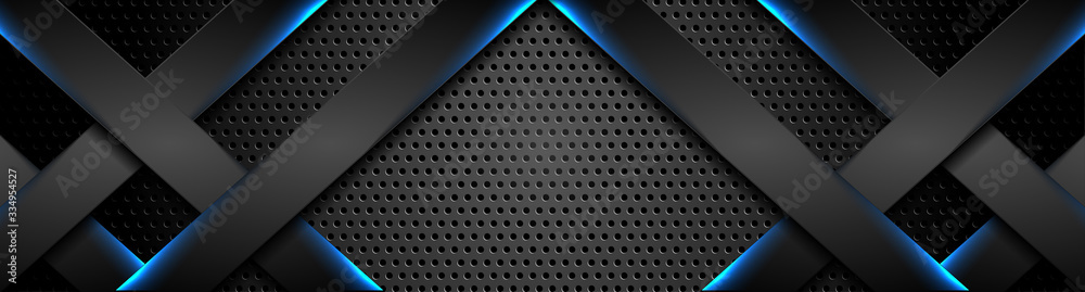 Futuristic black perforated technology background with blue neon lines. Glowing vector banner design - obrazy, fototapety, plakaty 