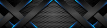 Futuristic Black Perforated Technology Background With Blue Neon Lines. Glowing Vector Banner Design