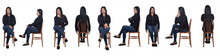 large group of same woman sitting on a chair on white background