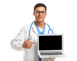 Canvas Print - Handsome male doctor with laptop on white background