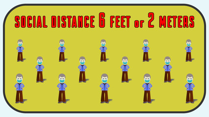 Social distance is 6 feet or 2 meters. People are staggered apart from each other. EPS10