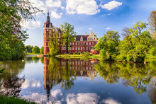 Beautiful View On Park Bad Muskau With Reflection In The Lake At Springtime, Saxony, Germany.