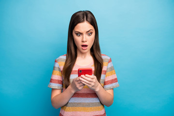 Sticker - Close-up portrait of her she nice lovely worried mad irritated girl using device browsing smm feedback media isolated over bright vivid shine vibrant blue color background