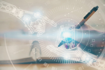 Poster - Double exposure of writing hands on background with data solution hologram on front. Technology concept. Close up