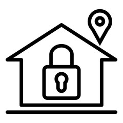 Vector is home outline icon with lock key and pin location on white background.