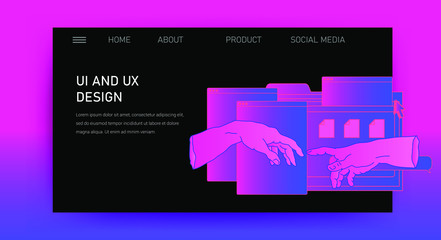 Aufkleber - Web site template for UI and UX design, technical support or customer servises page. Hands with user interface elements.