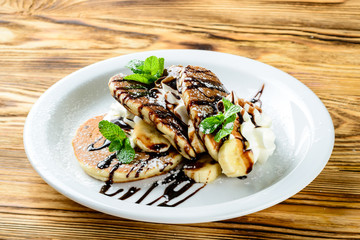 Poster - pancake dessert for children with banana and chocolate