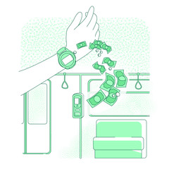 Poster - Smart clock thin line concept vector illustration. Person buying electronic metro ticket 2D cartoon character for web design. NFC technology, cashless payment service creative idea