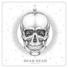 Modern Magic Witchcraft Card With Astrology Human Skull Sign. Realistic Hand Drawing Dead Head