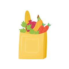 Poster - Products in paper bag cartoon vector illustration. Packed baguette, fruits and vegetables flat color object. Bakery and organic produce, bread and greengrocery isolated on white background