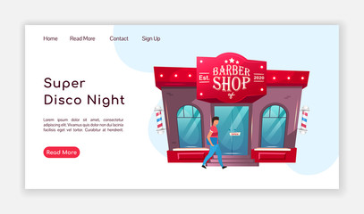Poster - Super disco night landing page flat color vector template. Barbershop homepage layout. Hairdresser one page website interface with cartoon illustration. Grooming salon web banner, webpage