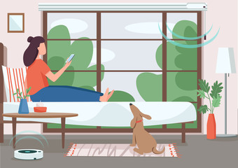 Poster - Smart home control flat color vector illustration. Girl controlling automated jalousie and vacuum cleaner. Internet of things. Woman with smartphone 2D cartoon character with bedroom on background