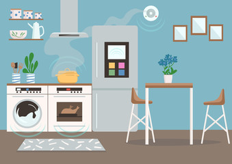 Poster - Smart kitchen flat color vector illustration. Automated fridge, washing machine, oven and smoke detector. Modern apartment 2D cartoon interior with remote controlled domestic appliances on background