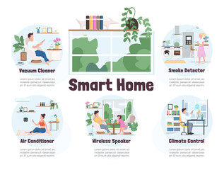 Smart home flat color vector informational infographic template. Modern technology poster, booklet, PPT page concept design with cartoon characters. IOT advertising flyer, leaflet, info banner idea