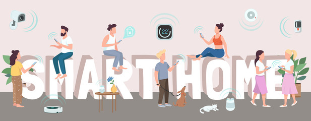 Wall Mural - smart home word concepts flat color vector banner. typography with tiny cartoon characters. internet