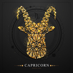 Modern magic witchcraft card with polygonal golden astrology Capricorn zodiac sign. Golden Polygonal ram or mouflon head on black background