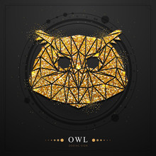 Modern Magic Witchcraft Card With Astrology Polygonal Golden Owl Zodiac Sign. Polygonal Golden Owl Head On Black Background