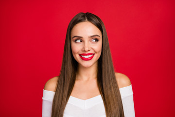 Sticker - Portrait of cheerful candid nice cute shiny girl look copyspace enjoy listen her friends wear vogue style outfit isolated over bright color background