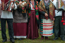 The Folklore Belarusian Amateur Music Group With An Accordion Performs Folk Songs. Traditional Autumn Harvest Festival. People And Traditions.