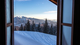 Fototapeta Miasto - View From The Window Of The Stuibenhütte With Clear Sky And Sunrise
