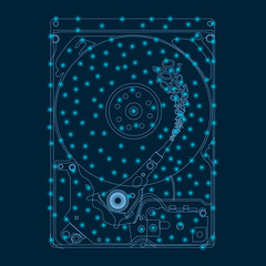 The contour of the hard drive with luminous lights of blue lines on a dark background. Writing information to disk. Vector illustration