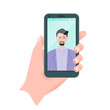 © muzzza - Vector flat guy taking self portrait. Human hand holding mobile phone.