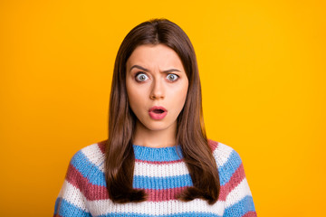 Sticker - Close up photo of attractive pretty lady open mouth listen awful terrible bad news unfair situation wear casual striped sweater isolated bright yellow color background