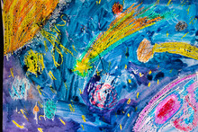 The Children's Drawing Depicts Yellow Comets In Blue Space And Planets. Gouache. Horizontal